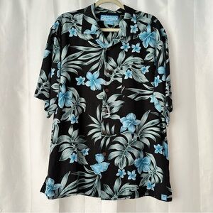 Bermuda Bay 100% Silk Black Blue Floral Button-Down Tropical Print Shirt